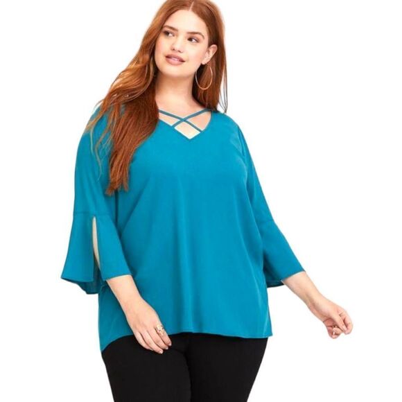 TORRID Plus Size Teal Crepe Strappy Criscross Blouse. - Picture 3 of 14